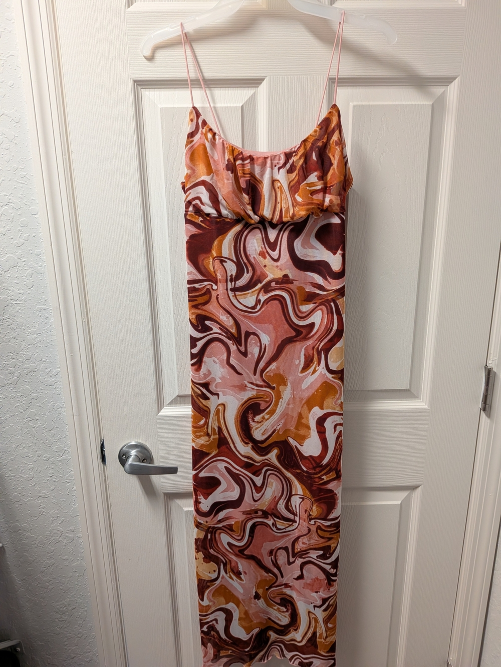 Swirl-Print Maxi Slip Dress in Pink & Rust Tones